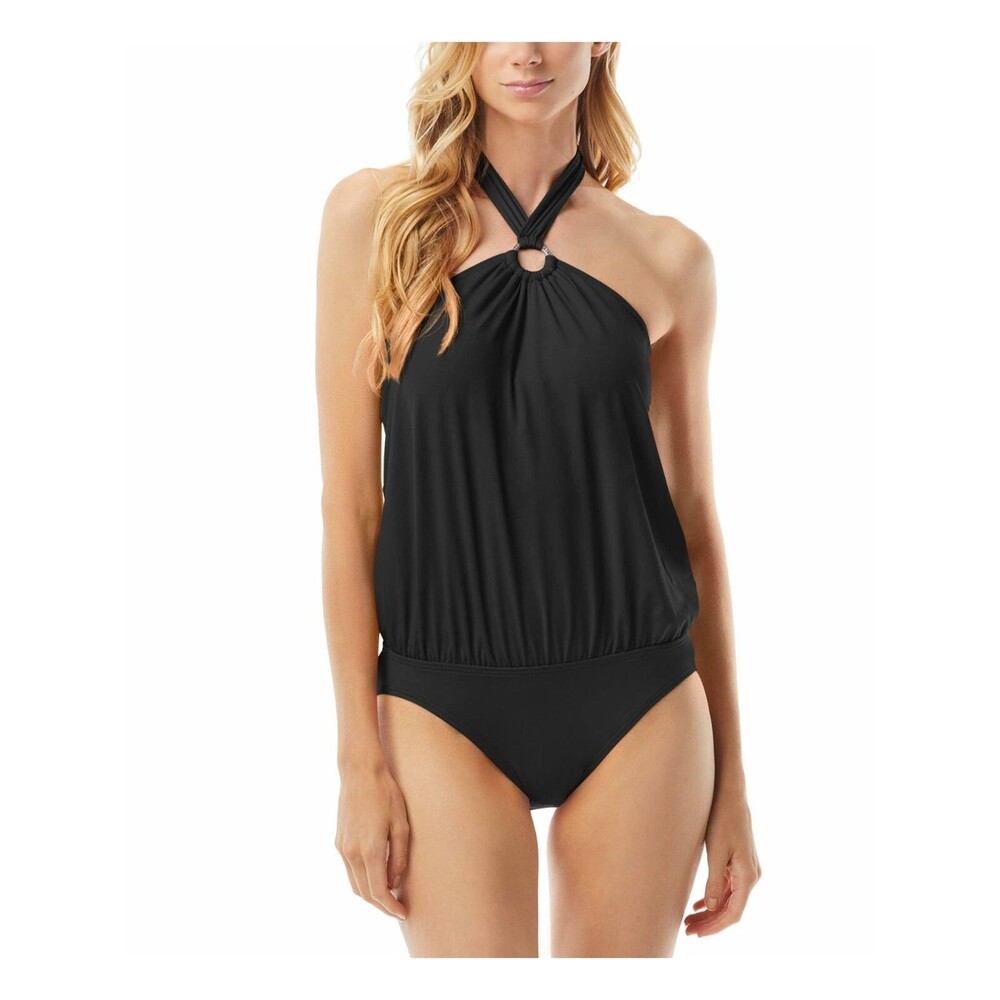 NWT Michael Kors Women's Logo Ring Halter Blouson One Piece Swimsuit 8  Black
